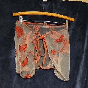 Elegant Sheer Lace Tie-Back Swimsuit Coverup Sheer and Red With Butterfly Design